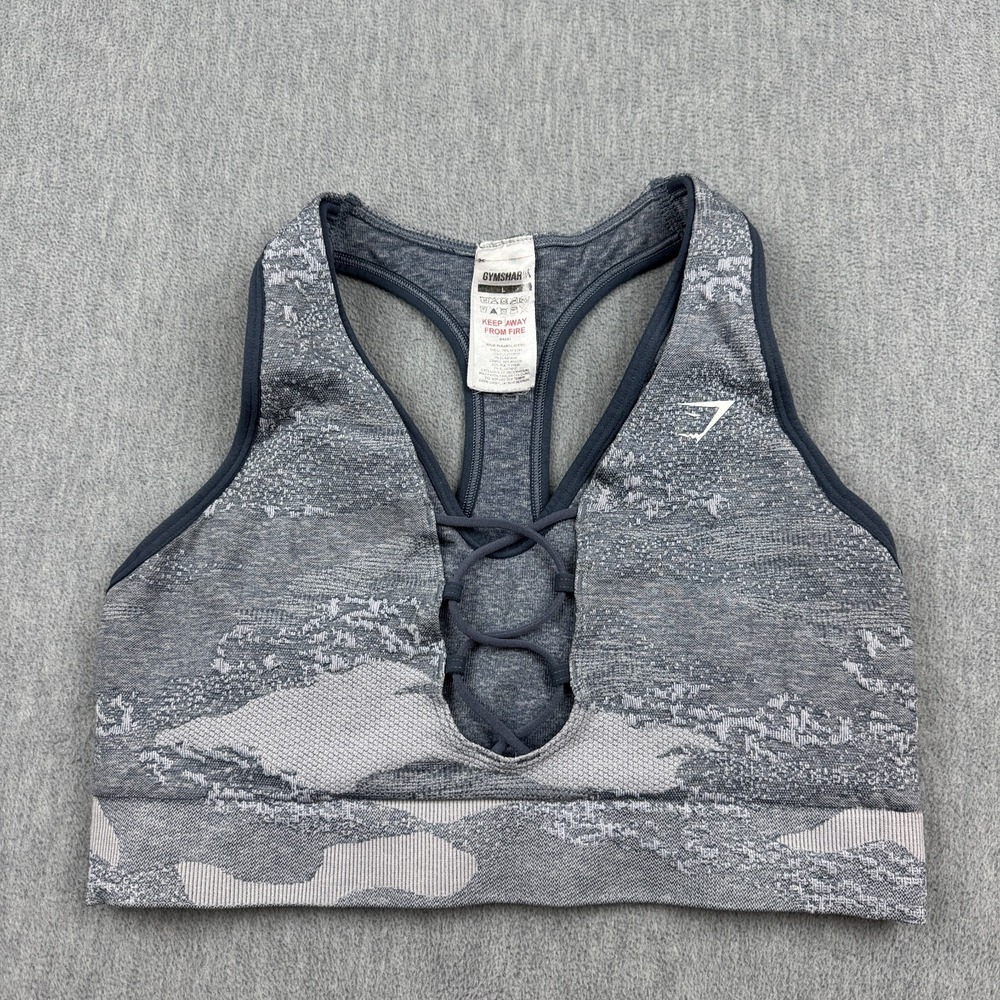Gymshark Sports Bra Womens Large Gray Camo Adapt Seamless Lace Up Gym Yoga Train